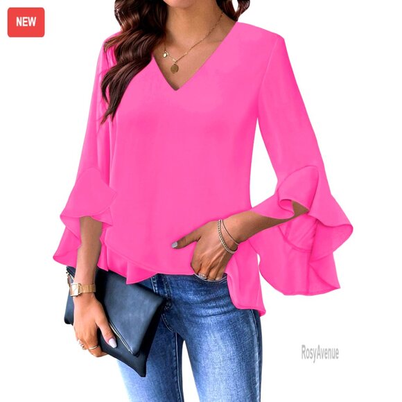 Tops - Ruffle 3/4 Sleeve V Neck Blouse Business Casual Tops Lightweight Fabric